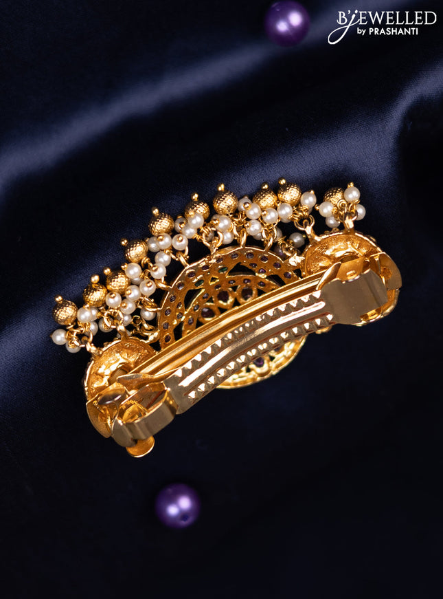Antique hair clip small size with kemp & kundan stones and pearl & golden beads hanging