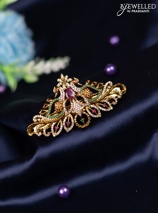 Antique hair clip medium size peacock design with kemp and cz stones
