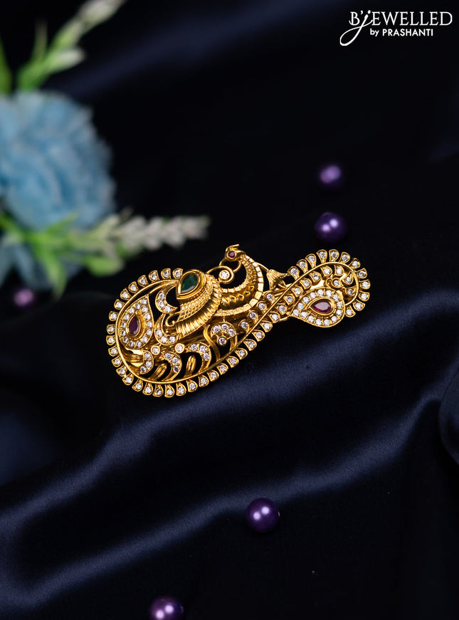 Antique hair clip medium size peacock design with kemp and cz stones