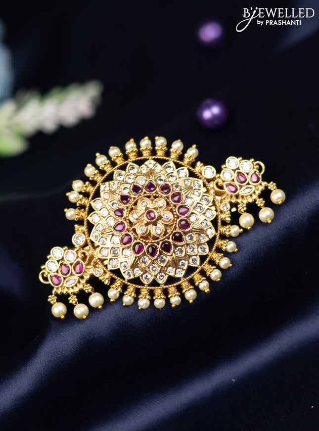 Antique hair clip medium size with pink kemp & cz stones and pearl hangings