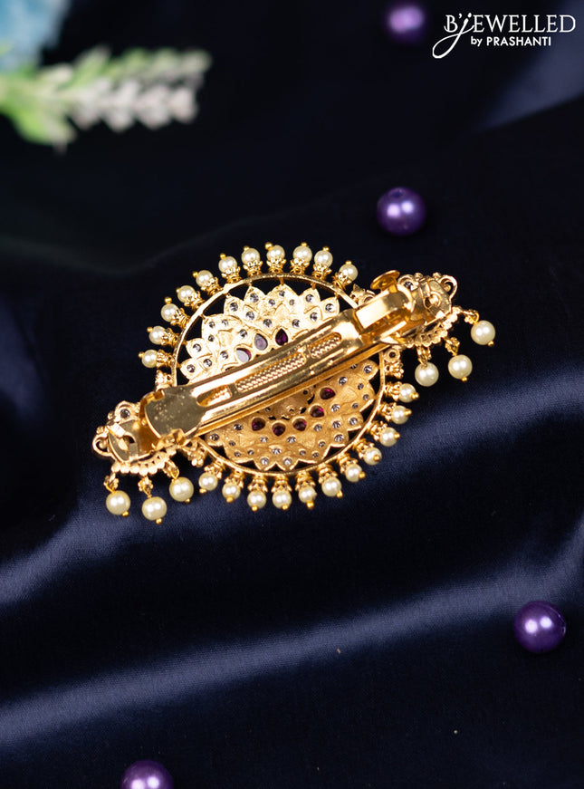 Antique hair clip medium size with pink kemp & cz stones and pearl hangings