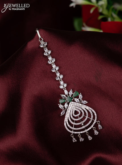 Zircon maang tikka with emerald & cz stones and hangings