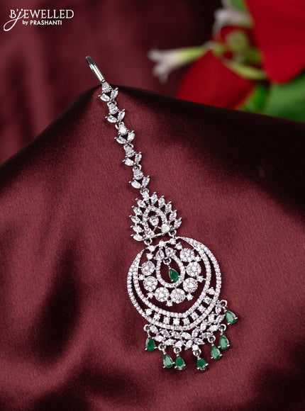 Zircon maang tikka with emerald & cz stones and hangings