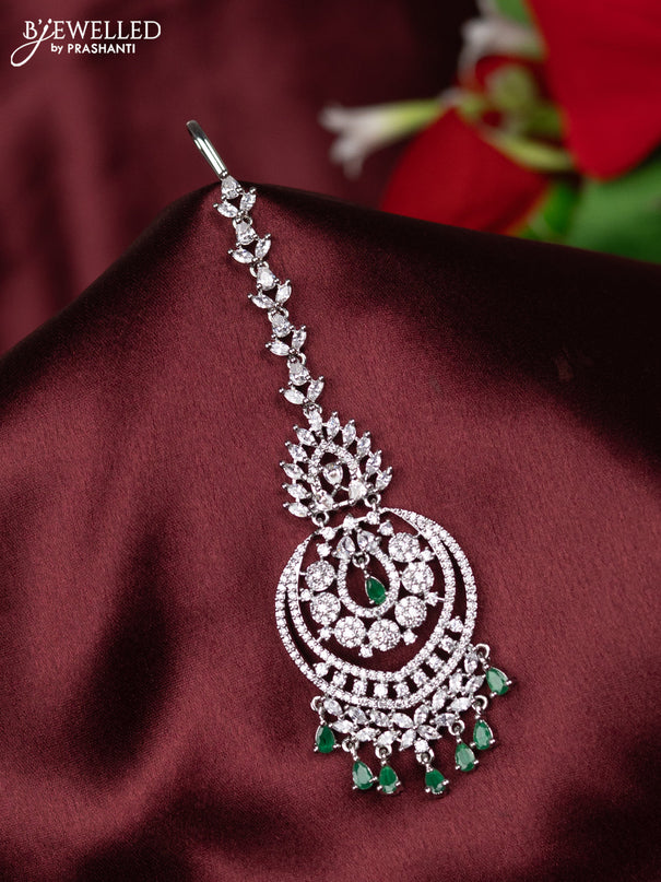 Zircon maang tikka with emerald & cz stones and hangings