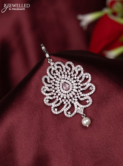 Zircon maang tikka with baby pink & cz stones and pearl hanging