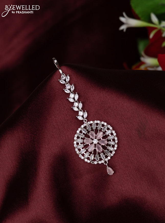 Zircon maang tikka with baby pink & cz stones and hanging