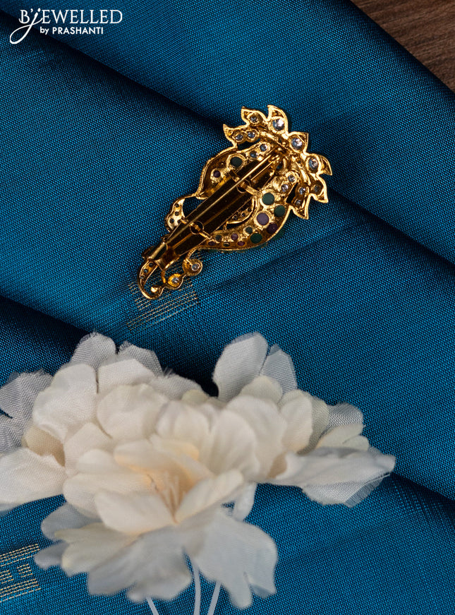 Antique saree pin lotus design with kemp and cz stones