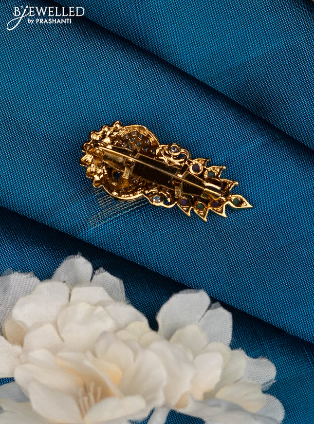 Antique saree pin kalasha & peacock design wih kemp and cz stones