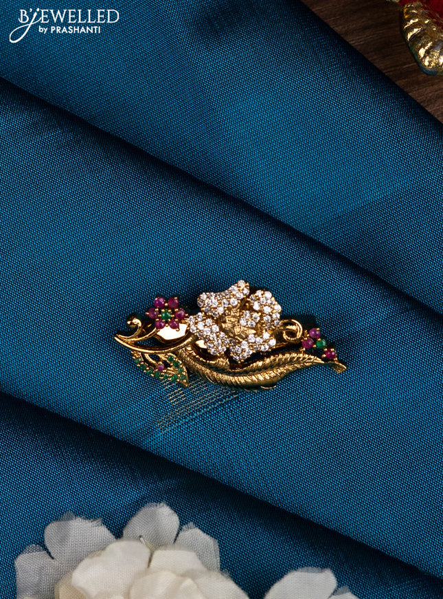 Antique saree pin floral design with kemp and cz stones