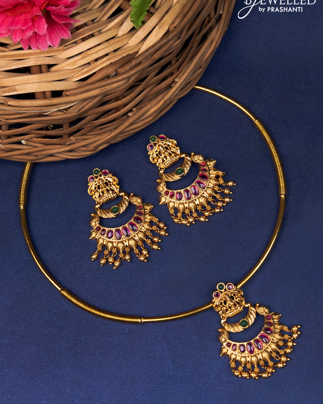 Antique ring type choker lakshmi pendant with kemp and golden beads hanginigs