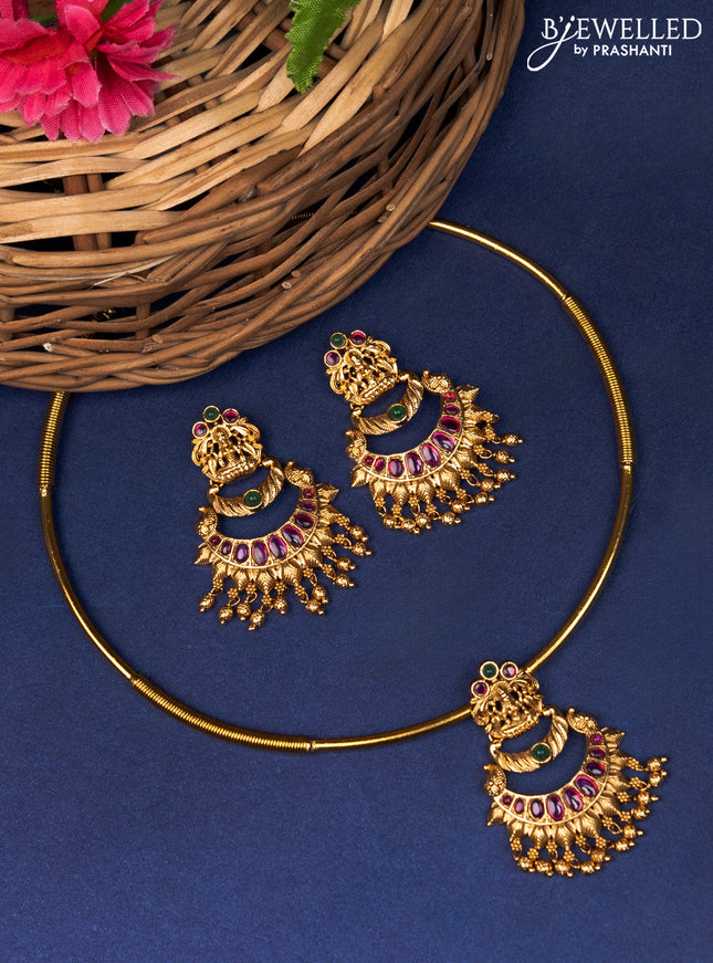 Antique ring type choker lakshmi pendant with kemp and golden beads hanginigs