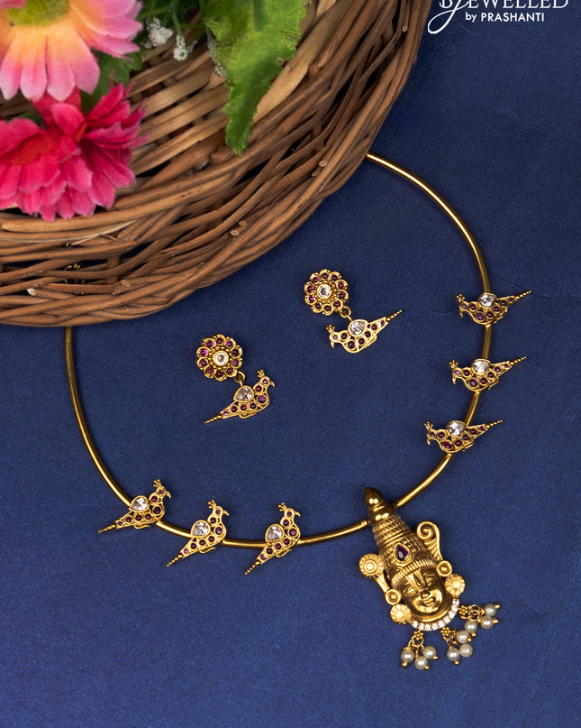 Antique ring type choker thirupati balaji pendant with pink kemp & cz stones and pearl hanginigs