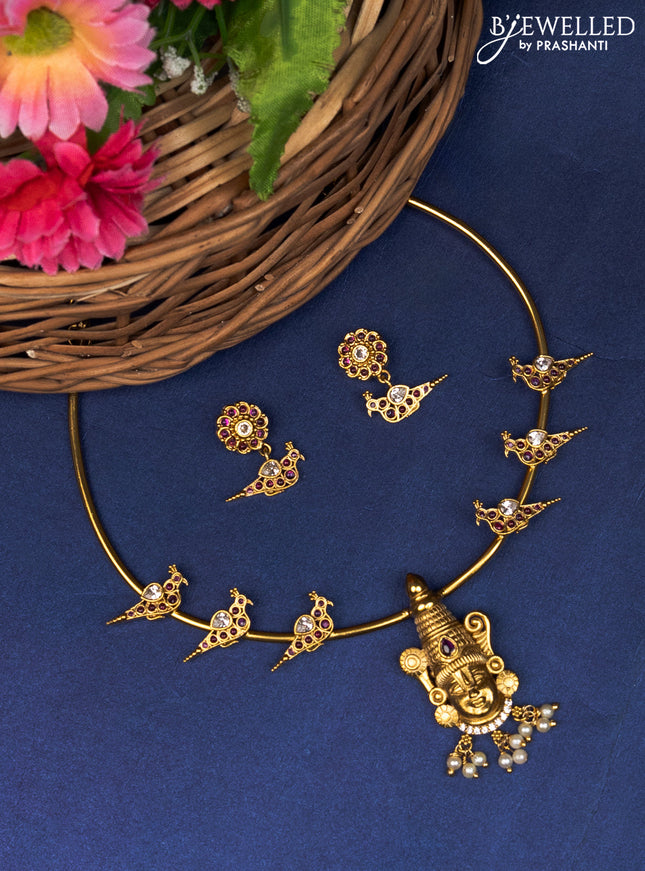 Antique ring type choker thirupati balaji pendant with pink kemp & cz stones and pearl hanginigs