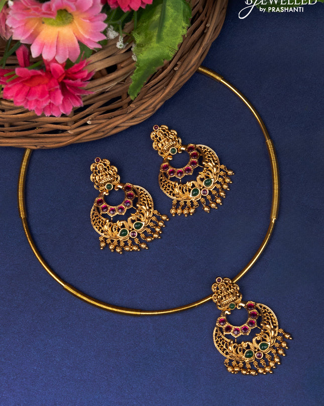 Antique ring type choker lakshmi design with kemp and golden beads hanginigs