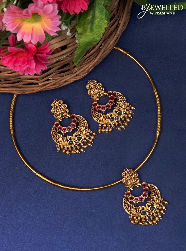 Antique ring type choker lakshmi design with kemp and golden beads hanginigs