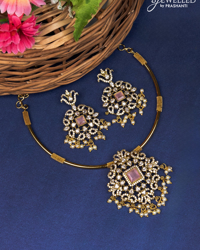 Antique ring type choker with baby pink & cz stones and pearl hangings