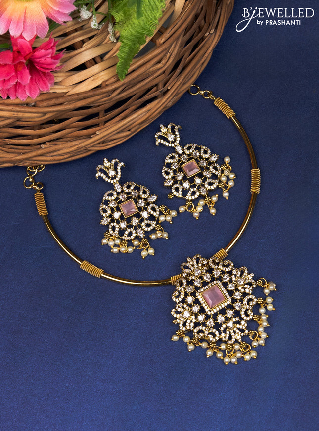 Antique ring type choker with baby pink & cz stones and pearl hangings