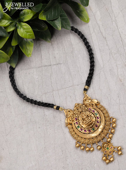 Black thread necklace with lakshmi pendant kemp stone and golden beads hangings without earrings