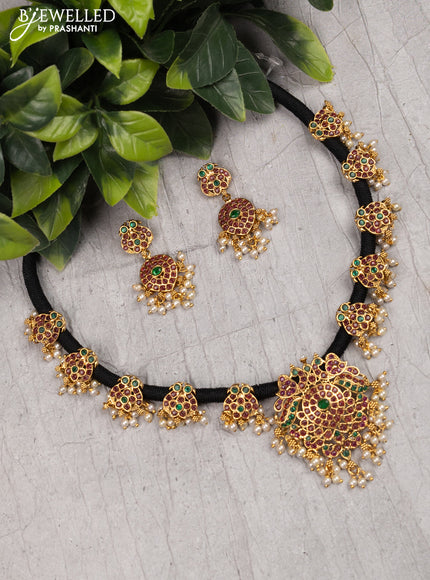 Black thread necklace with kemp stone double peacock pendant and pearl hangings