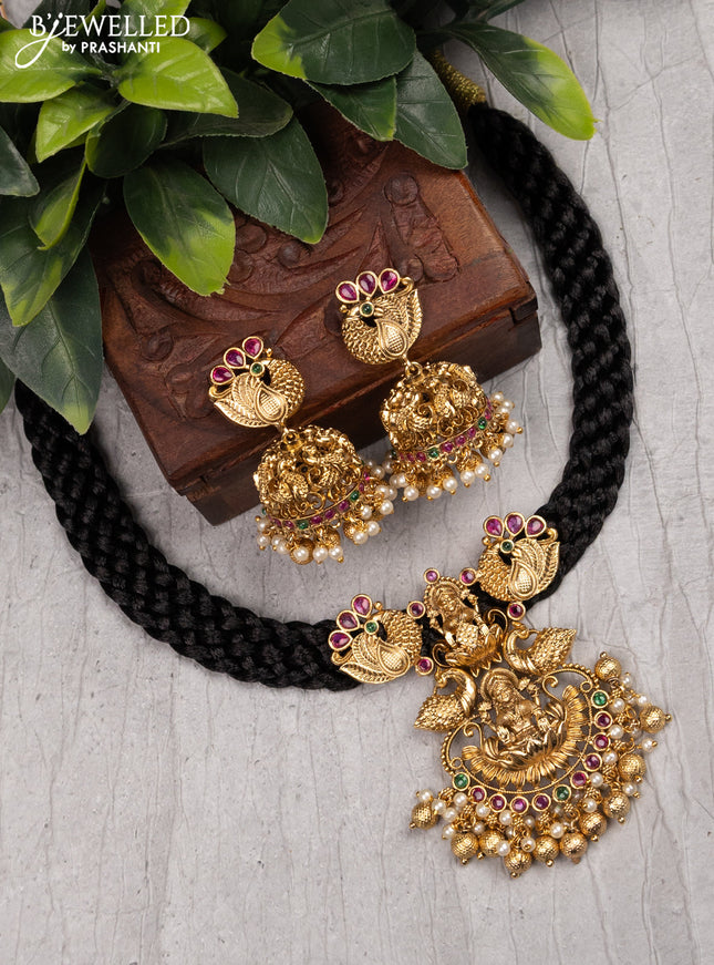 Black thread necklace with lakshmi pendant kemp stone and golden beads hangings