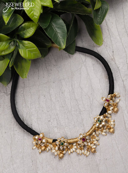 Black thread necklace with kemp & cz stone and pearl hangings without earrings