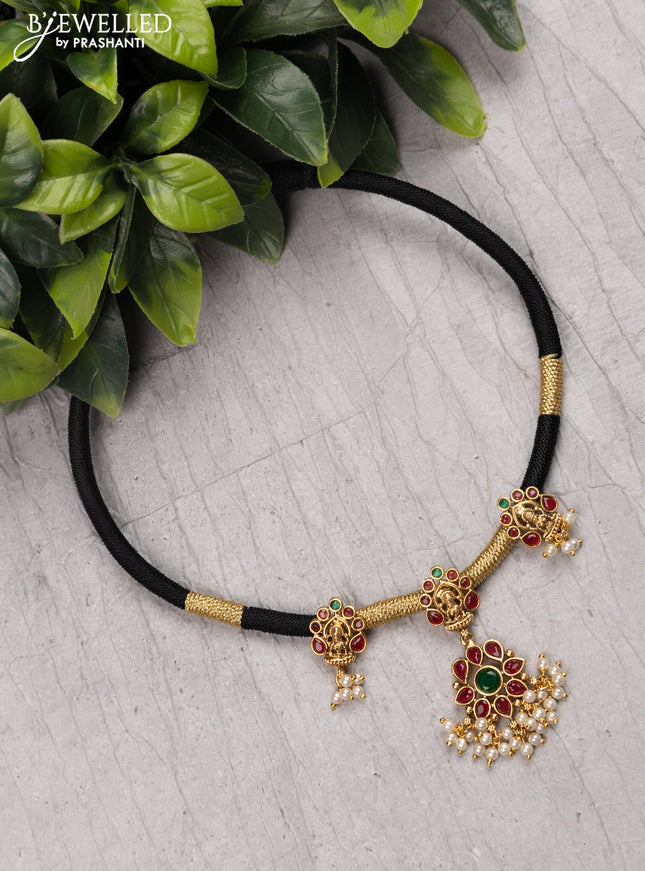 Black thread necklace with lakshmi design kemp stone and pearl hangings without earrings