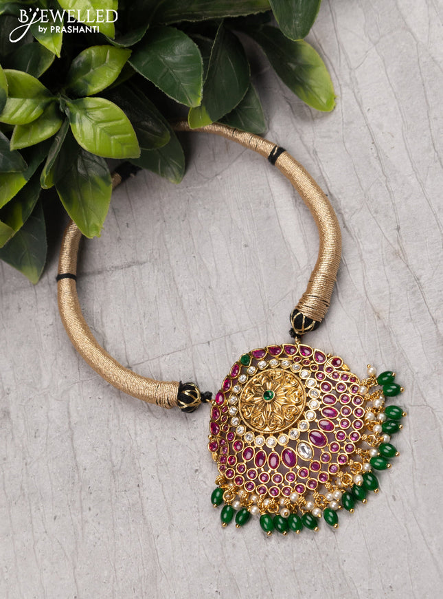 Black thread necklace with kemp & cz stone and green beads hangings without earrings