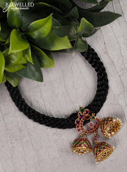 Black thread necklace with peacock design jhumka pendant kemp stone and pearl hangings without earrings