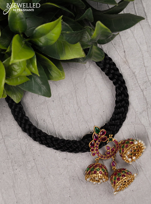 Black thread necklace with peacock design jhumka pendant kemp stone and pearl hangings without earrings