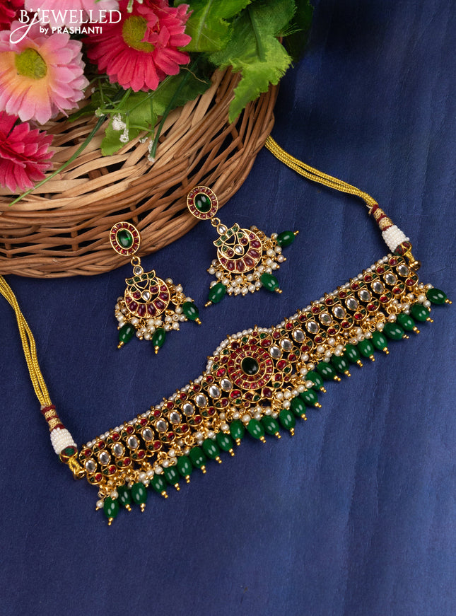 Antique choker with jadau kundan stones and pearl & green beads hanging