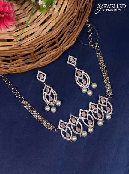 Zircon choker with baby pink & cz stones and pearl hangings