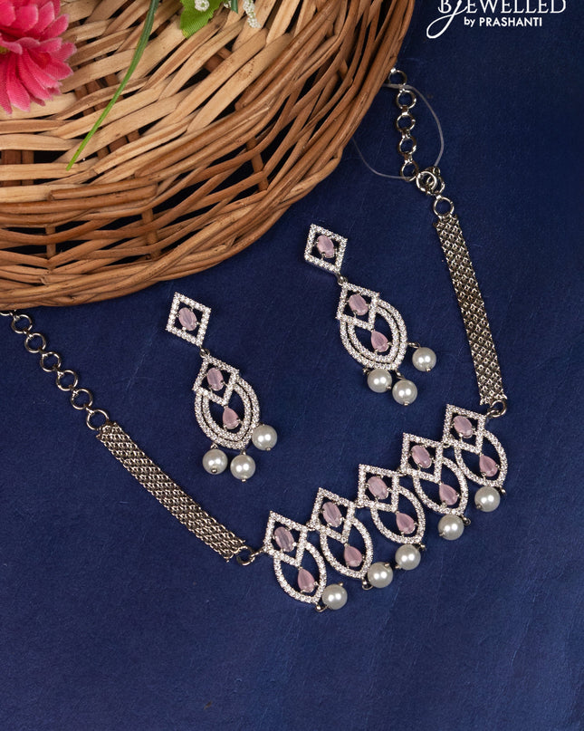 Zircon choker with baby pink & cz stones and pearl hangings