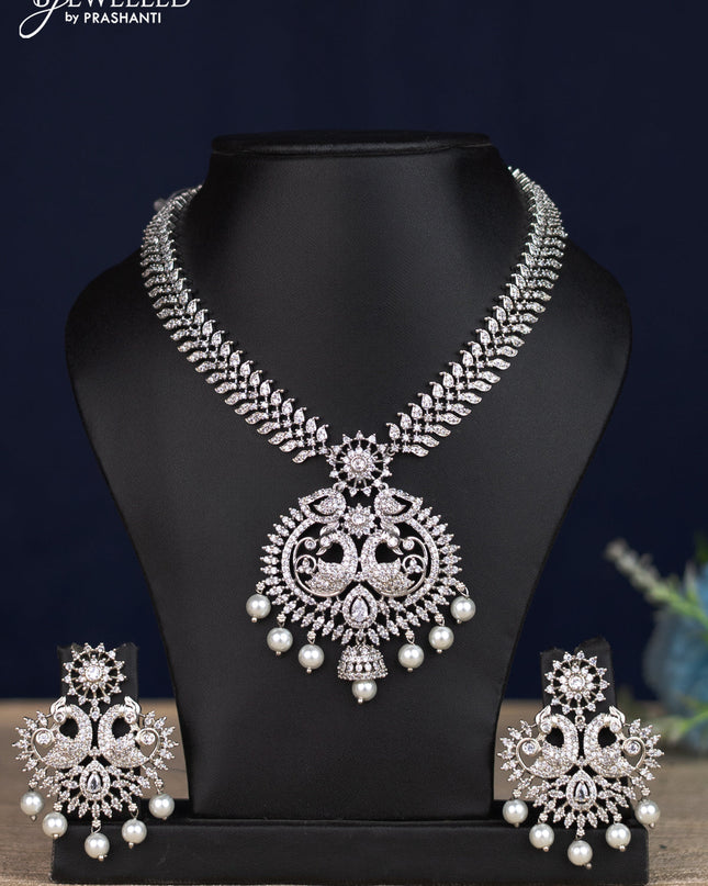 Zircon necklace with cz stones & pearl hangings