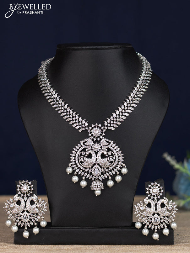 Zircon necklace with cz stones & pearl hangings