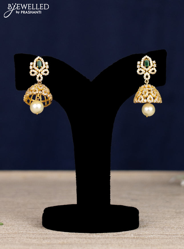 Zircon necklace with emerald & cz stones and pearl hangings in gold finish