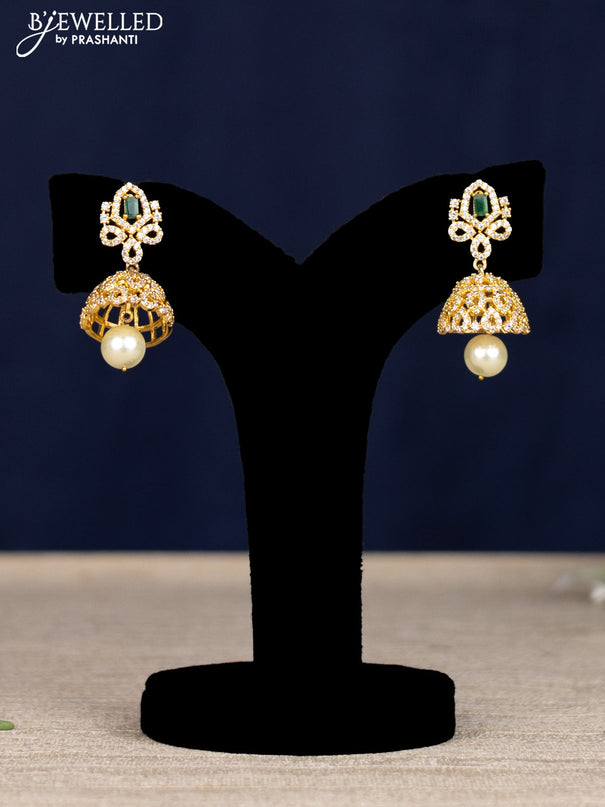 Zircon necklace with emerald & cz stones and pearl hangings in gold finish