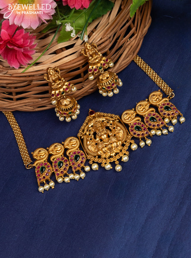 Antique choker lakshmi design with kemp & pearl hanging