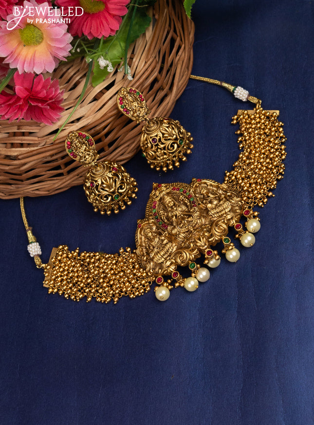 Antique choker lakshmi design with kemp & pearl hanging