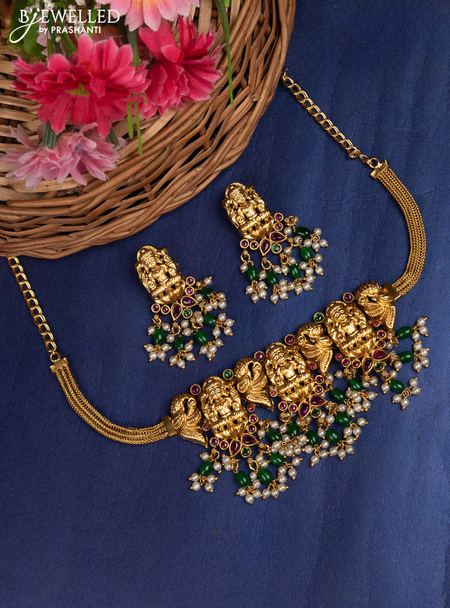 Antique choker lakshmi design with kemp & green beads and pearl hanging