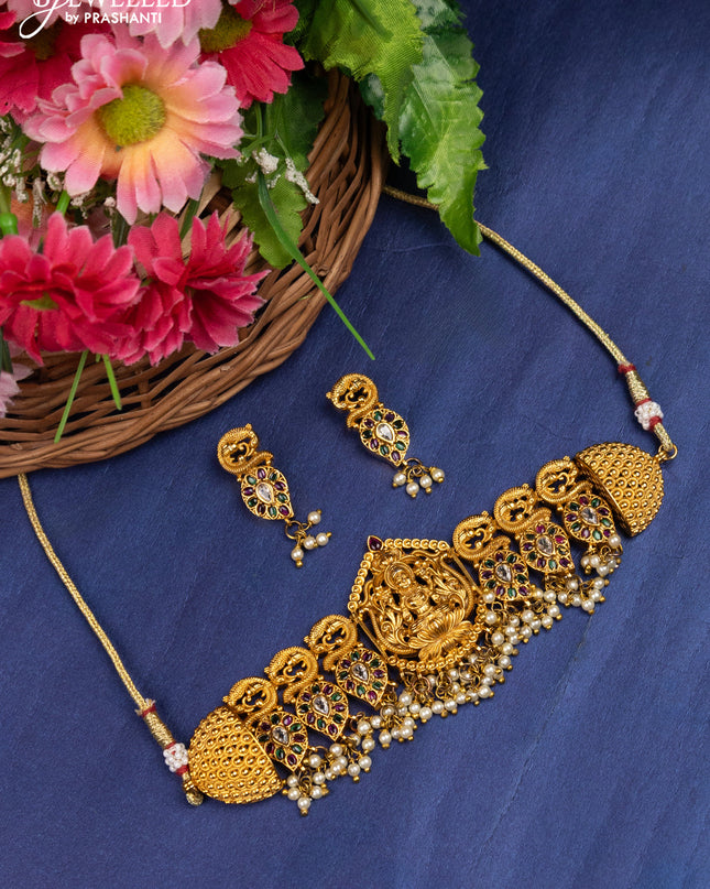 Antique choker lakshmi design with kemp & cz stones and pearl hanging