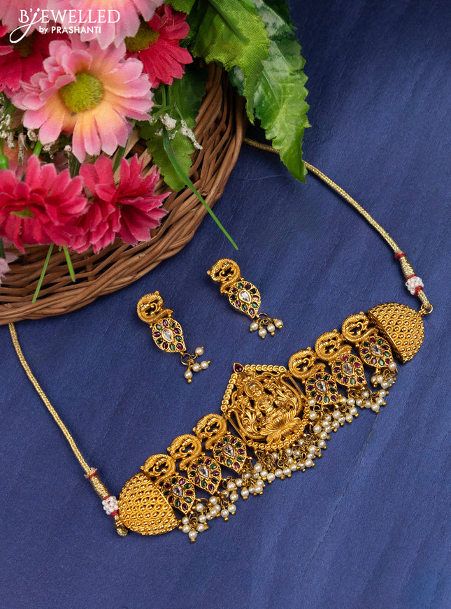 Antique choker lakshmi design with kemp & cz stones and pearl hanging