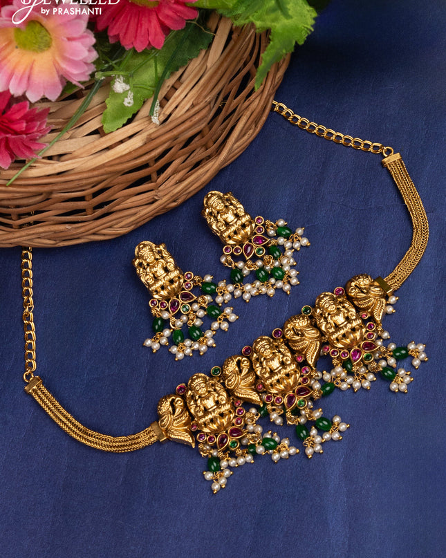 Antique choker lakshmi design with kemp & green beads and pearl hanging