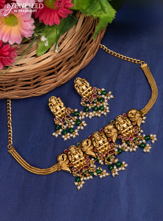 Antique choker lakshmi design with kemp & green beads and pearl hanging
