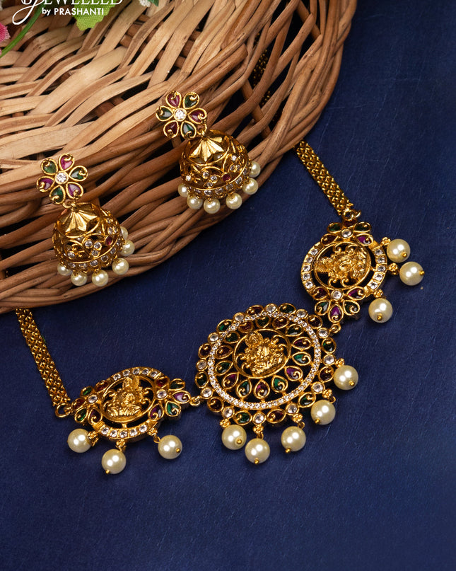 Antique choker lakshmi design with kemp & cz stones and pearl hanging