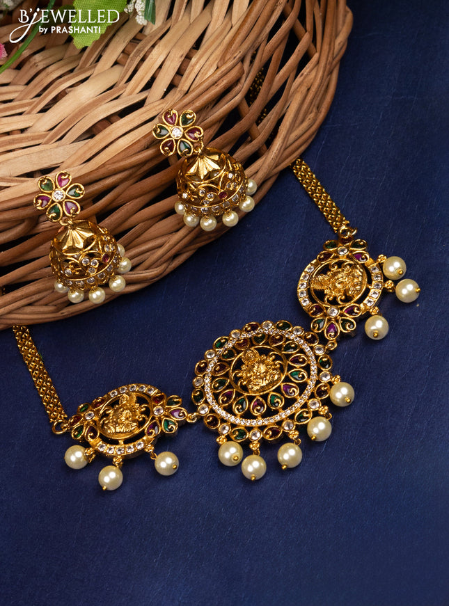 Antique choker lakshmi design with kemp & cz stones and pearl hanging