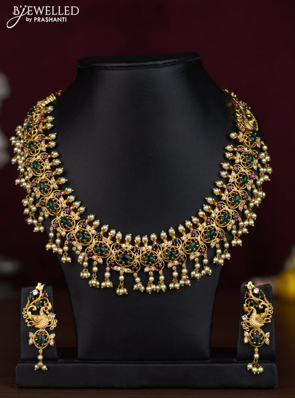 Antique guttapusalu necklace peacock design with kemp & cz stones and pearl hangings