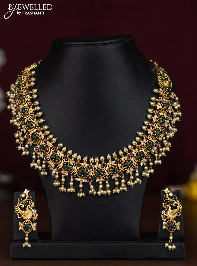 Antique guttapusalu necklace peacock design with kemp & cz stones and pearl hangings