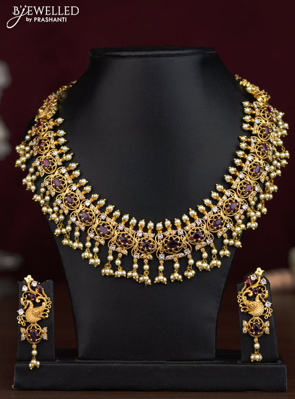 Antique guttapusalu necklace peacock design with ruby & cz stones and pearl hangings