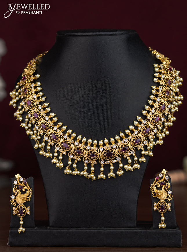 Antique guttapusalu necklace peacock design with ruby & cz stones and pearl hangings