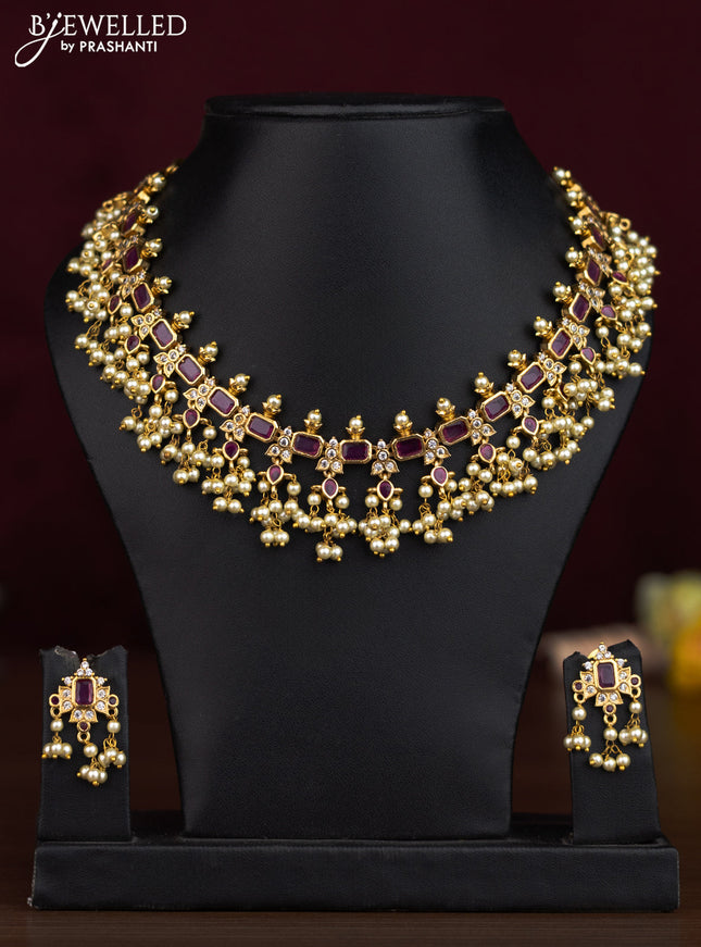 Antique guttapusalu necklace with ruby & cz stones and pearl hangings